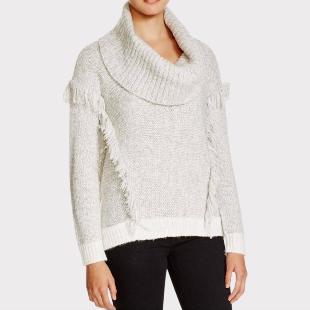 AQUA Fringe Knit Long Sleeve Turtleneck Sweater